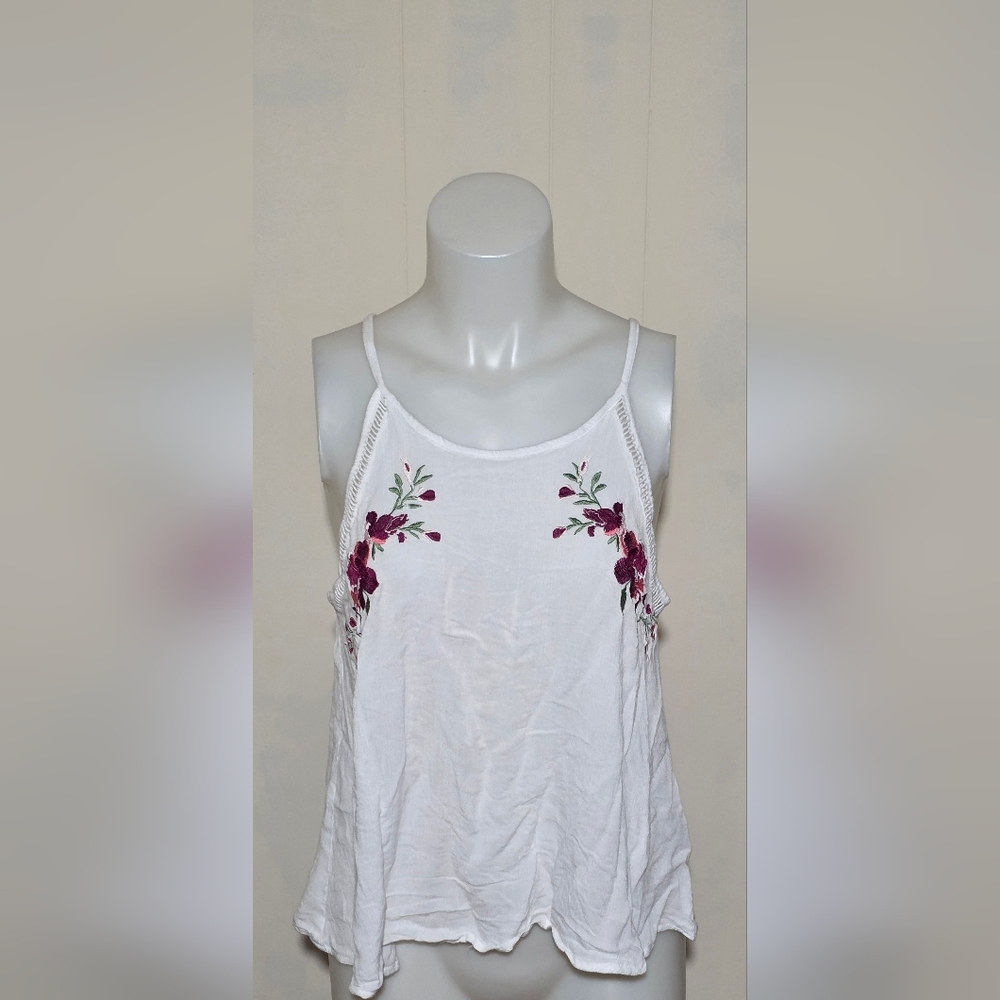 Charlotte Russe White Camisole with Red Embroidery Floral Design